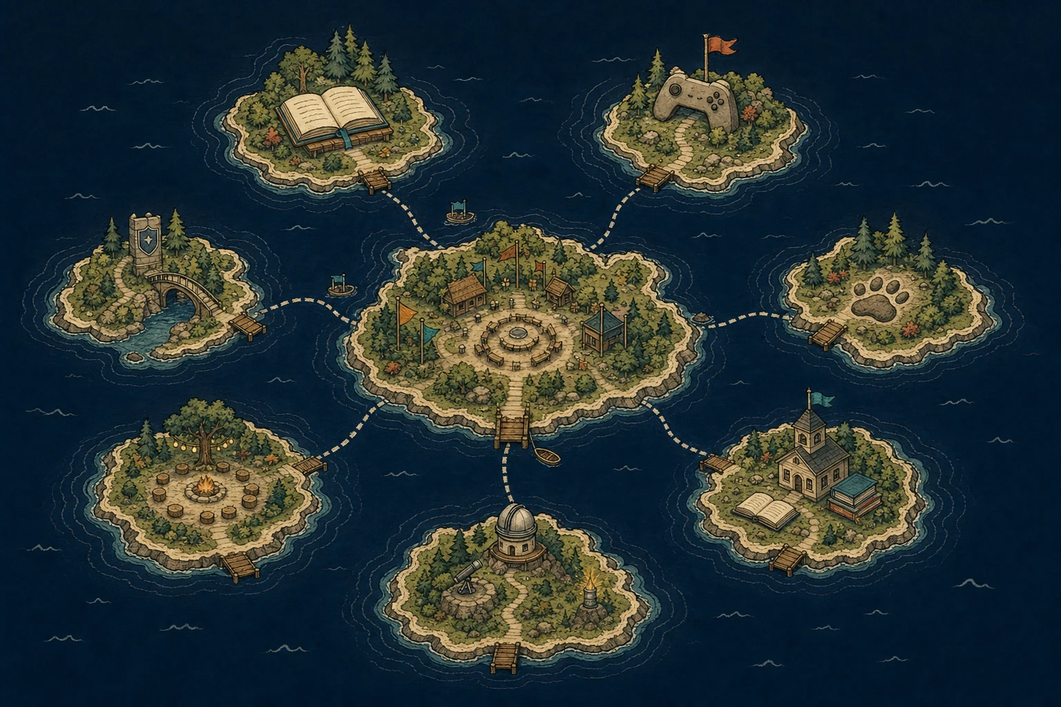 Hand-drawn archipelago showing Falling for Tomorrow and seven connected project islands